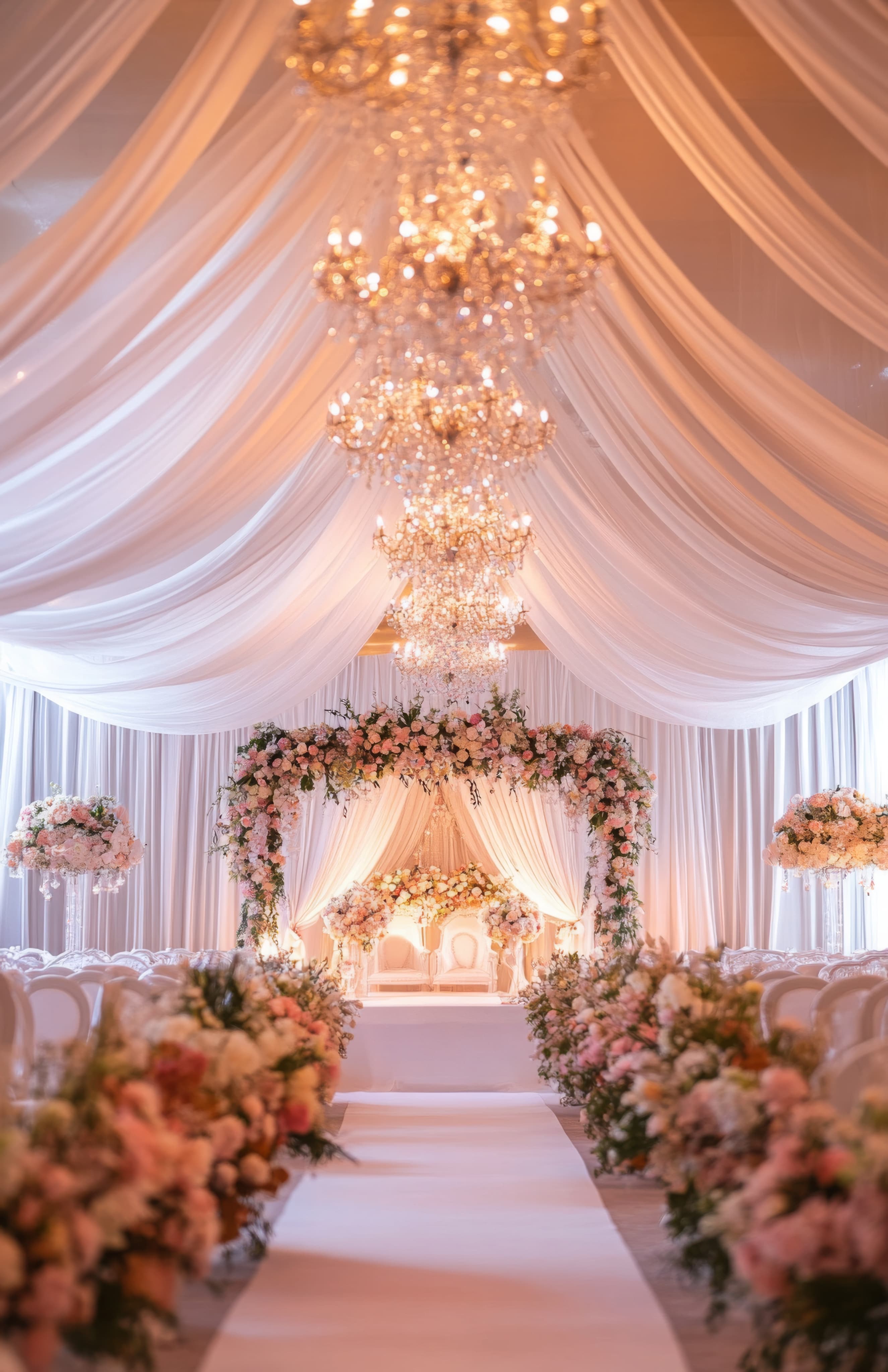 Draped chandelier ceremony backdrop
