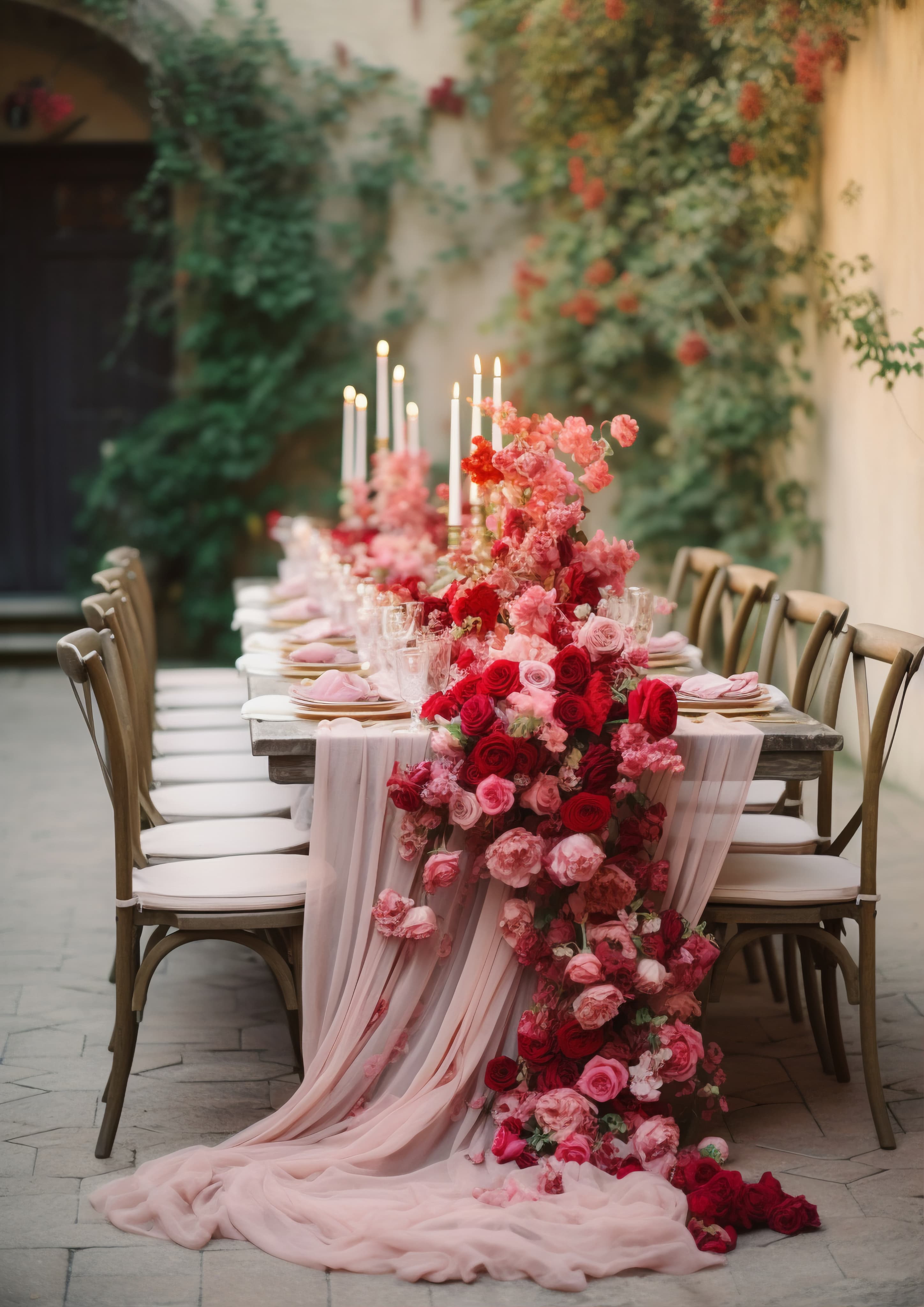 Floral table runner with candles