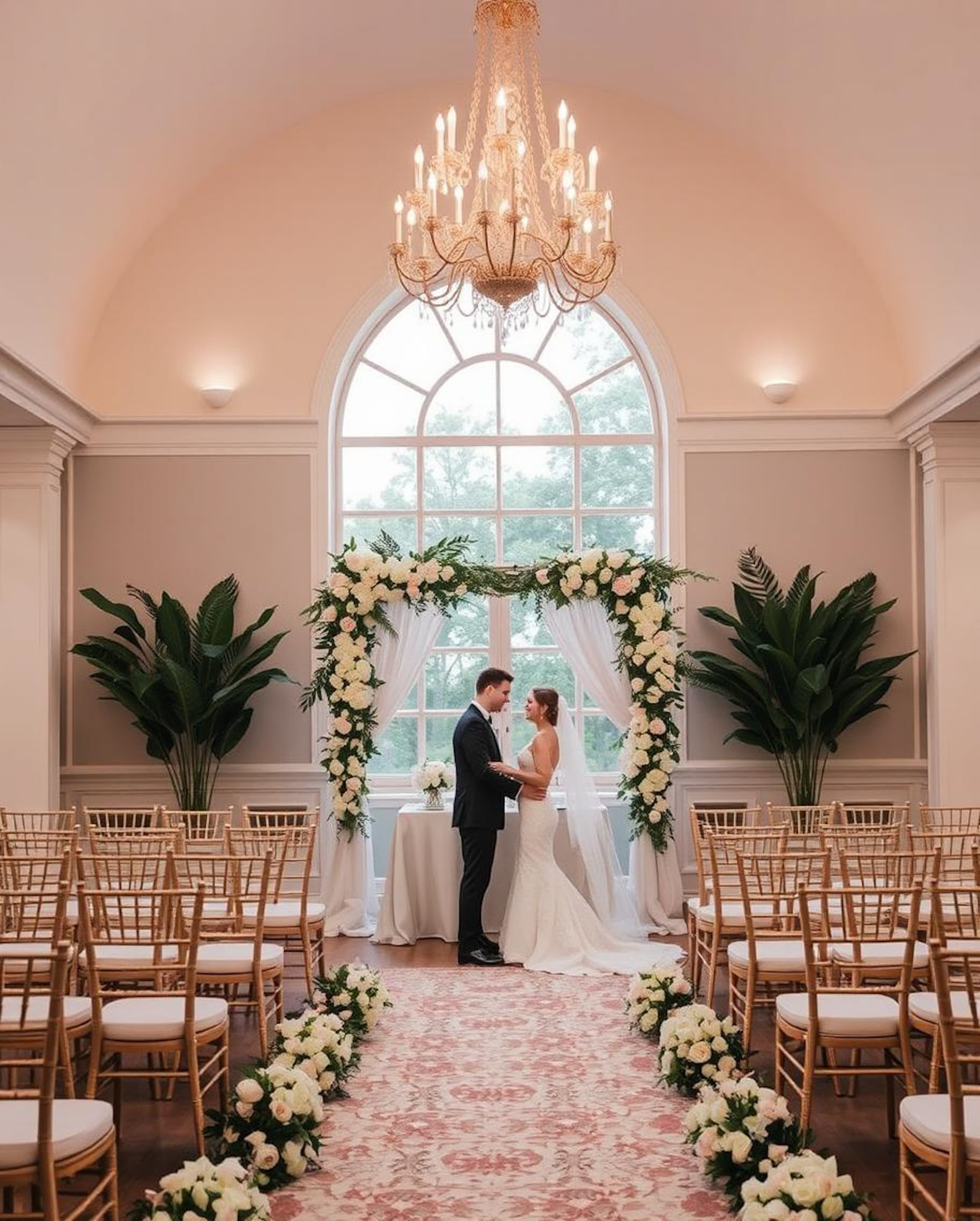 Bride and groom exchanging vows under a floral arch