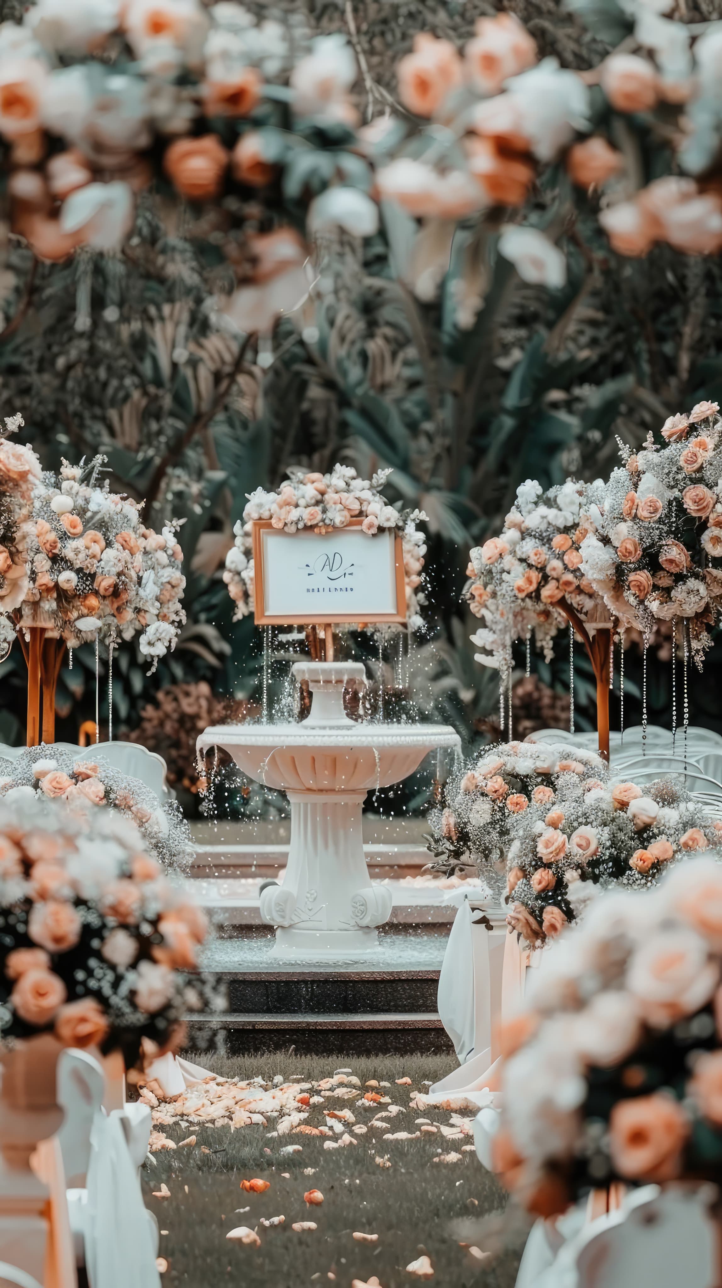 Wedding fountain decorated with florals