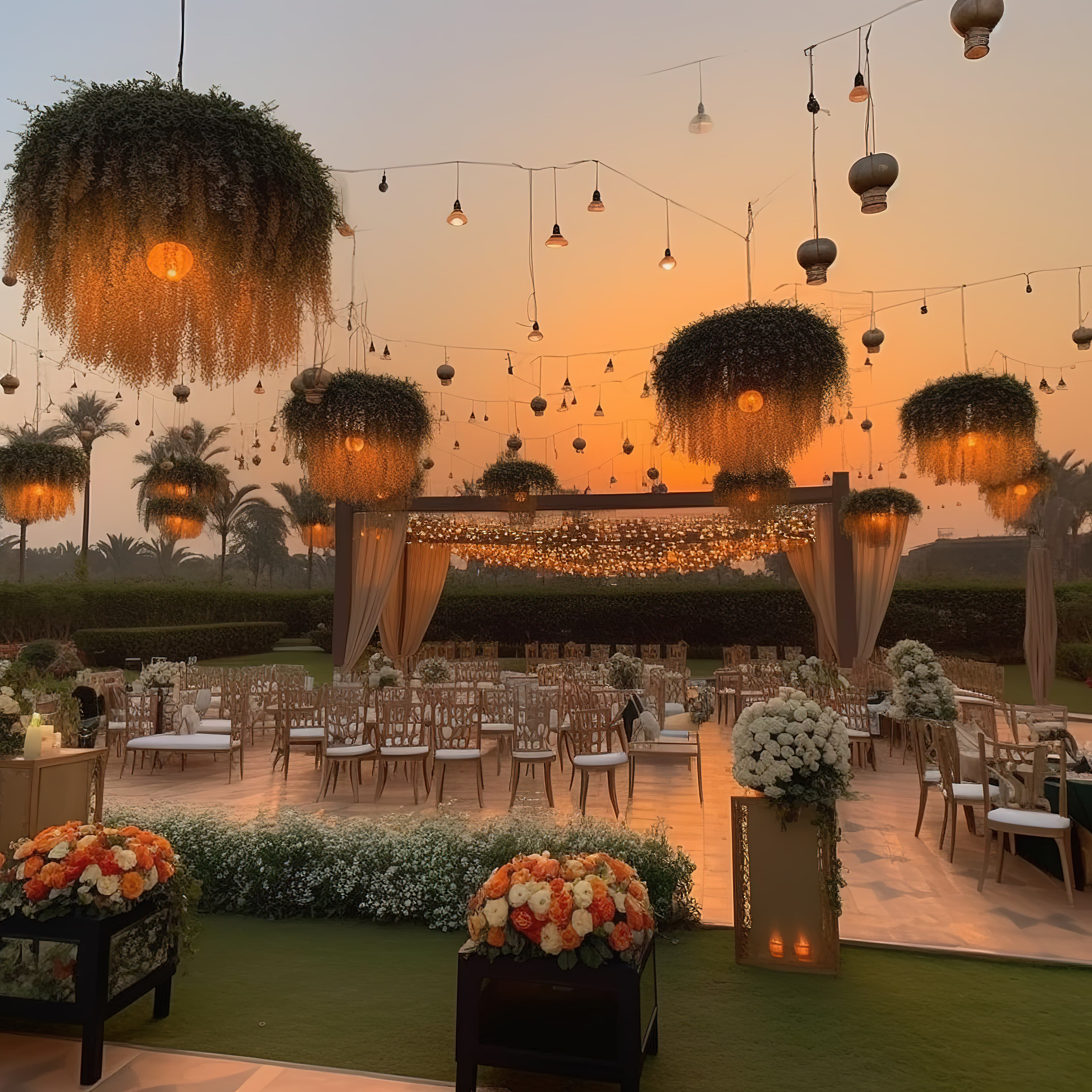 Outdoor wedding ceremony at sunset with hanging lanterns
