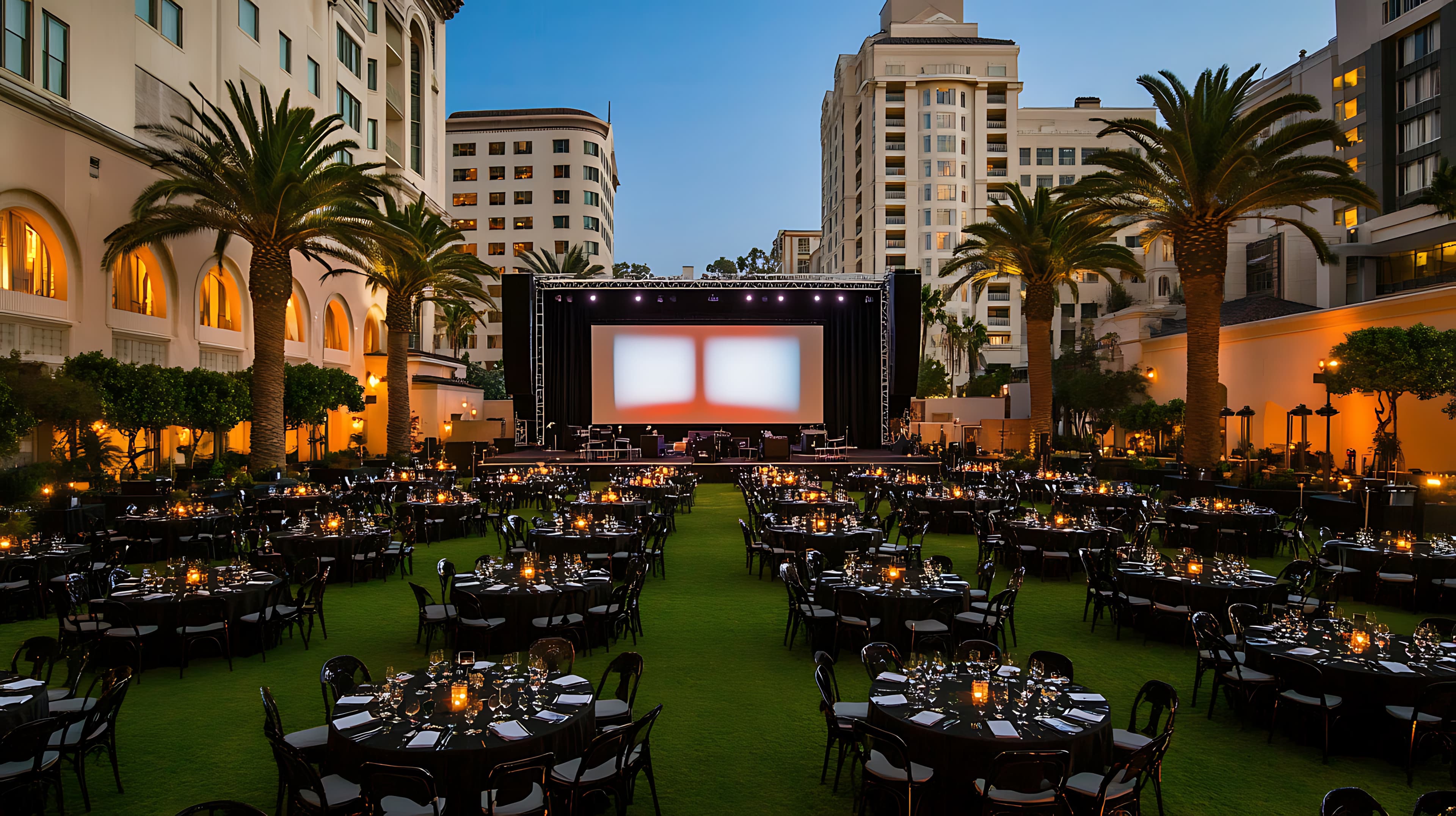 Outdoor gala dinner setup among palm trees at dusk