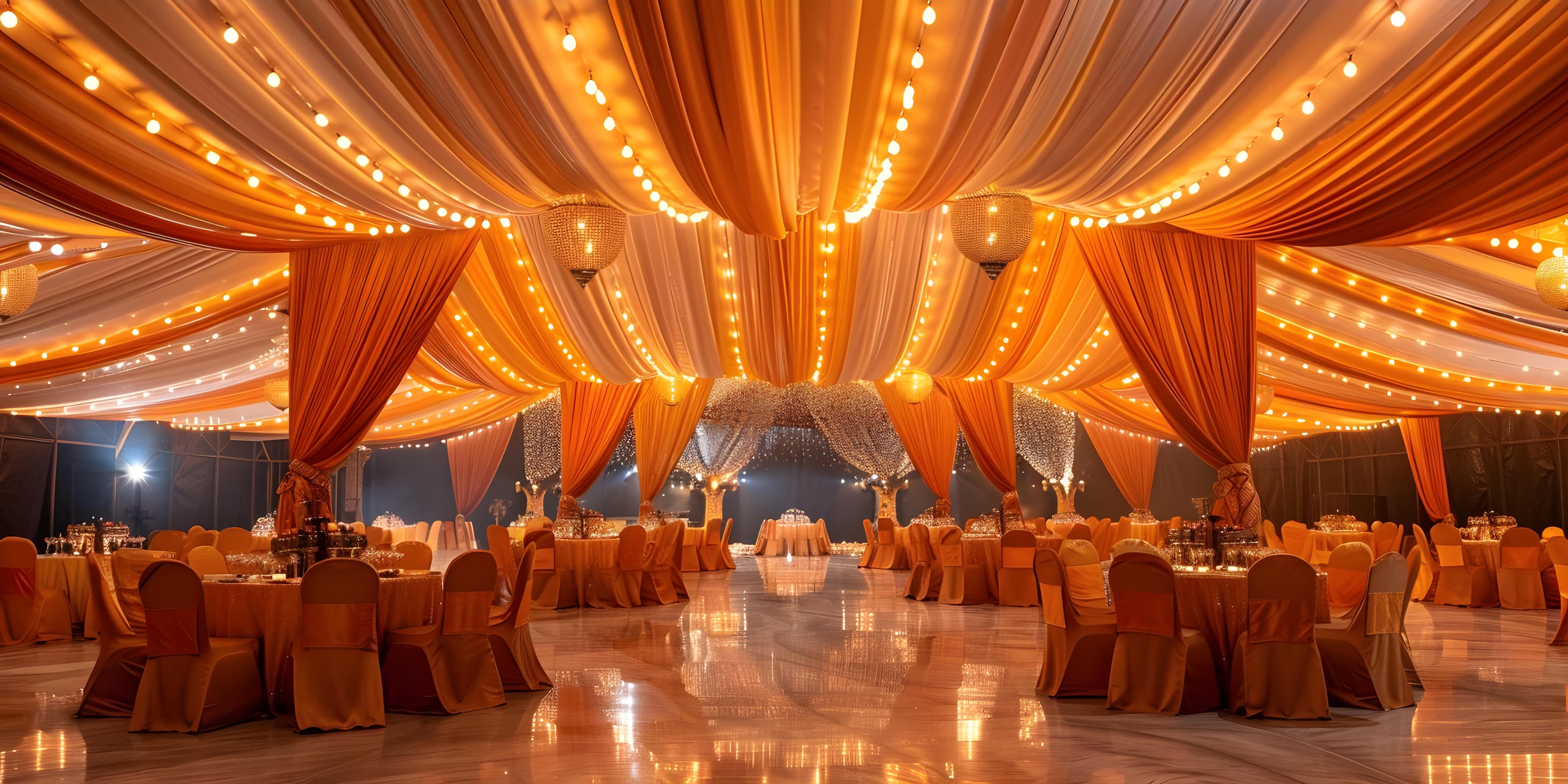 Event venue decorated with floral chandelier and draped ceiling