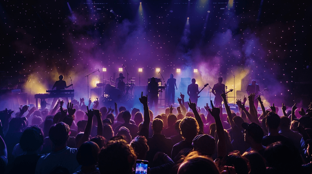 Concert crowd raising hands under stage lighting